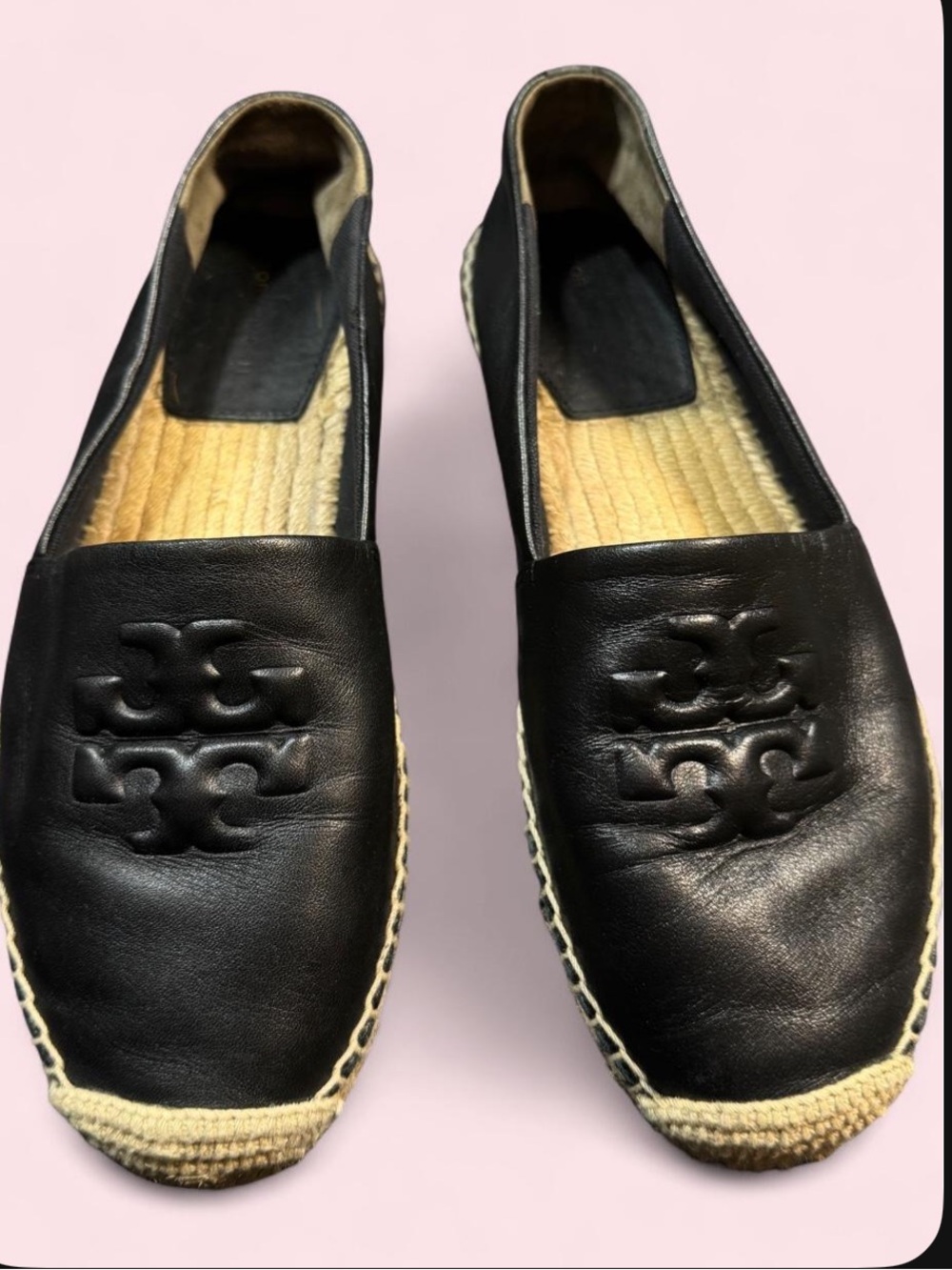 Tory Burch Black Leather Logo Espadrille Flats
